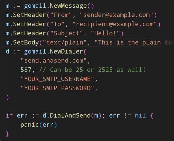 Code sample in golang showing different SMTP ports provided by AhaSend