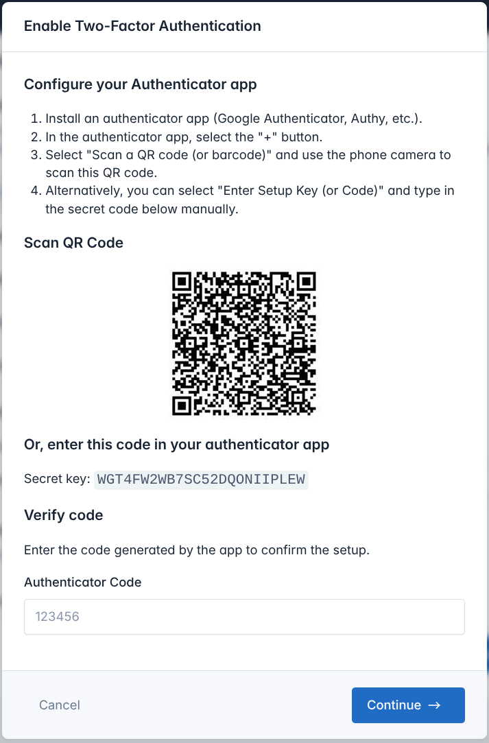 2FA Setup form