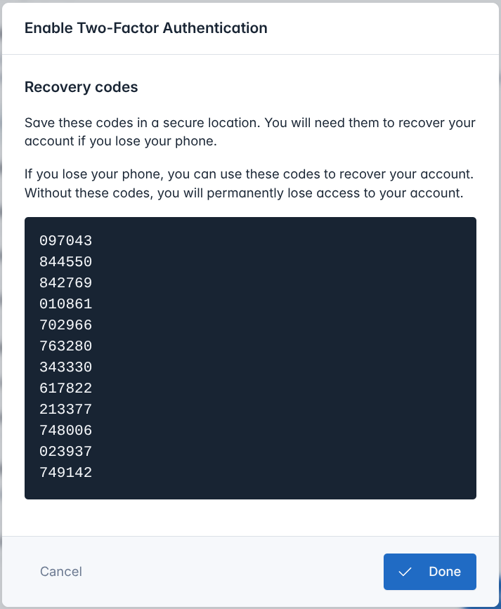 2FA Recovery codes