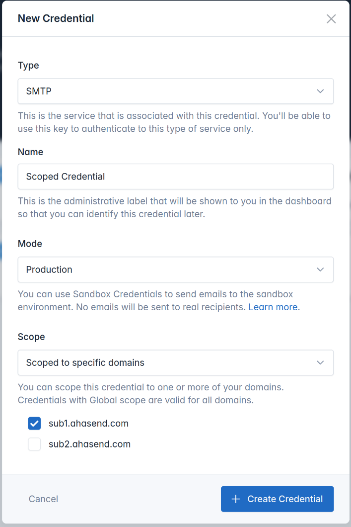 A screenshot of the AhaSend dashboard's "Add Credential" form. The form shows fields for Credential Type, Name, and Scope. The "Scope" field is expanded, showing the options "Global" and "Scope to specific domains". "Scope to specific domains" is selected, and a list of domains with checkboxes appears below it, allowing the user to select domains.