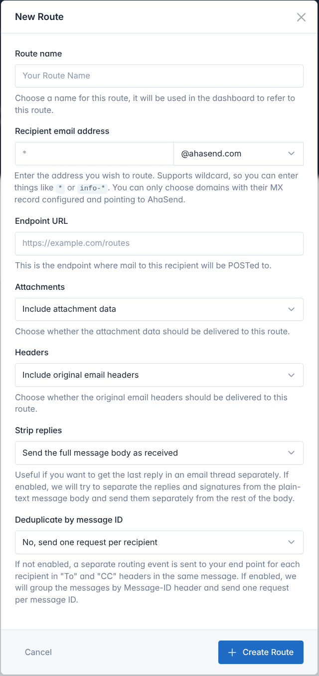 Screenshot of the form for creating a new route
