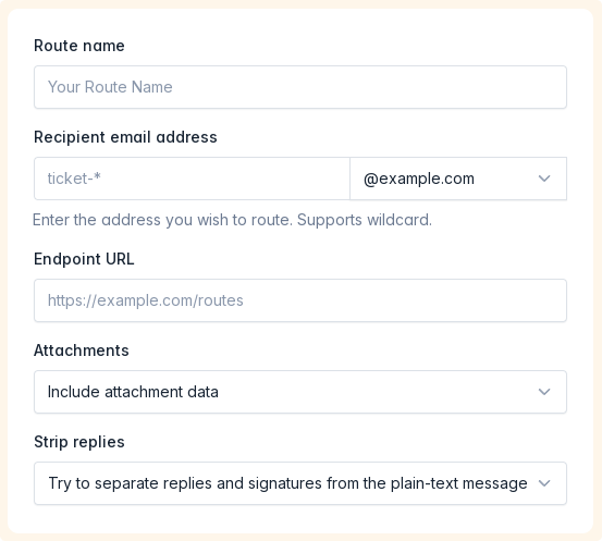 Define message routes to receive structured JSON payloads for incoming email messages at your specified API endpoints.