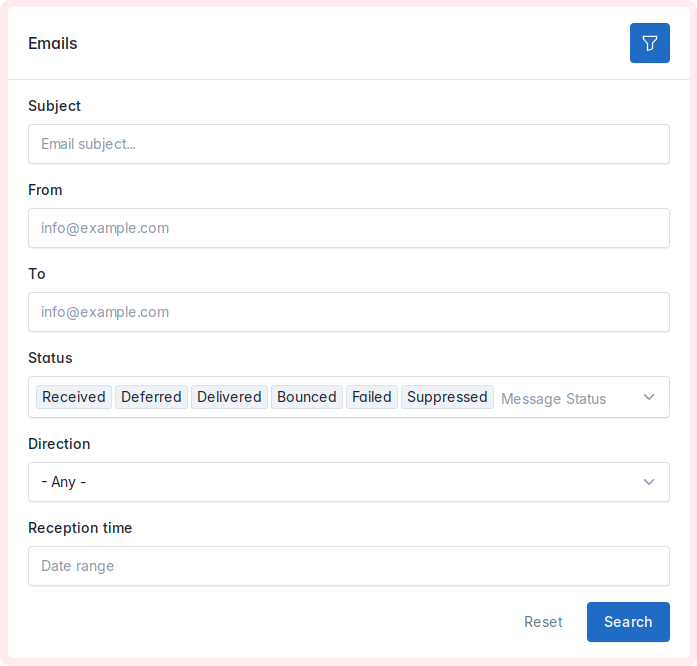 Search, find and debug specific email messages with AhaSend's powerful search functionality and find messages by subject, sender, recipient, status, inbound or outbound direction, or date and time.